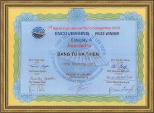 Ahe (12) is awarded an ENCOURAGING prize at the 3rd Hanoi International Piano Competition in 2015 in Hanoi, Vietnam